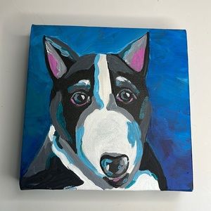 Bull Terrier original hand painted acrylic on gallery wrapped canvas. 6”x6”